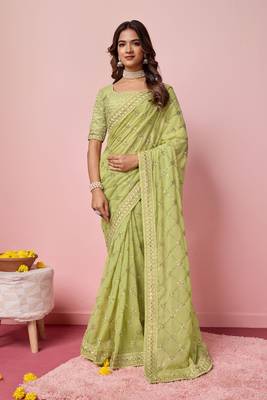 Ethnic Coding And Sequins Work Green Georgette c Girlish Partyweear Saree 1