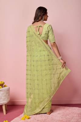 Ethnic Coding And Sequins Work Green Georgette c Girlish Partyweear Saree 2