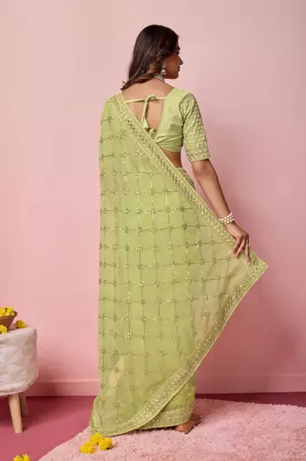 Ethnic Coding And Sequins Work Green Georgette c Girlish Partyweear Saree