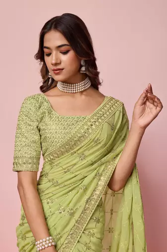 Ethnic Coding And Sequins Work Green Georgette c Girlish Partyweear Saree