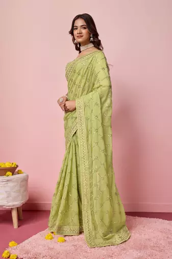 Ethnic Coding And Sequins Work Green Georgette c Girlish Partyweear Saree