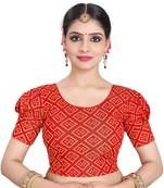 Red Cotton Lycra Fully Stretchable Round Neck Readymade Blouse With Balloon Sleeve