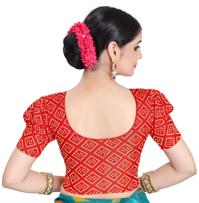 Red Cotton Lycra Fully Stretchable Round Neck Readymade Blouse With Balloon Sleeve