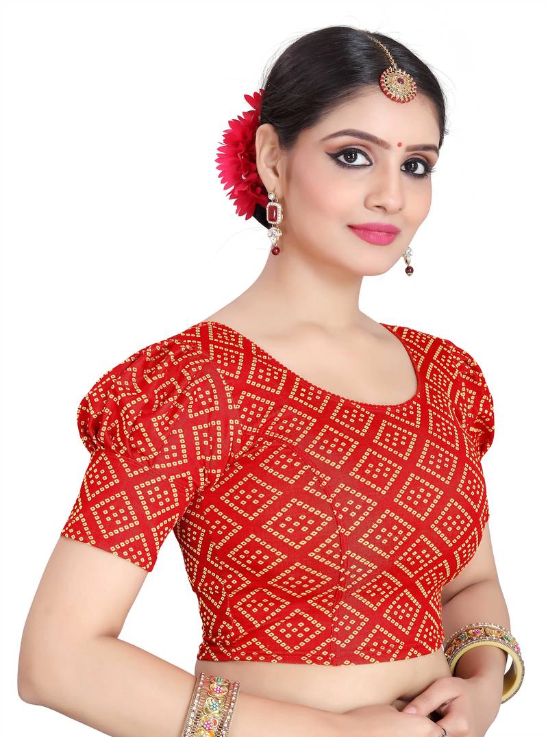 Red Cotton Lycra Fully Stretchable Round Neck Readymade Blouse With Balloon Sleeve