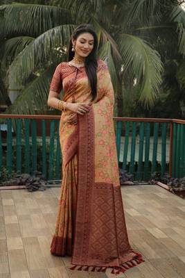 Koram Cream Kanjivaram Soft Silk Weaving Borders Havy Design Saree With Blouse For Women 1