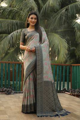 Koram Grey Kanjivaram Soft Silk Weaving Borders Havy Design Saree With Blouse For Women 1