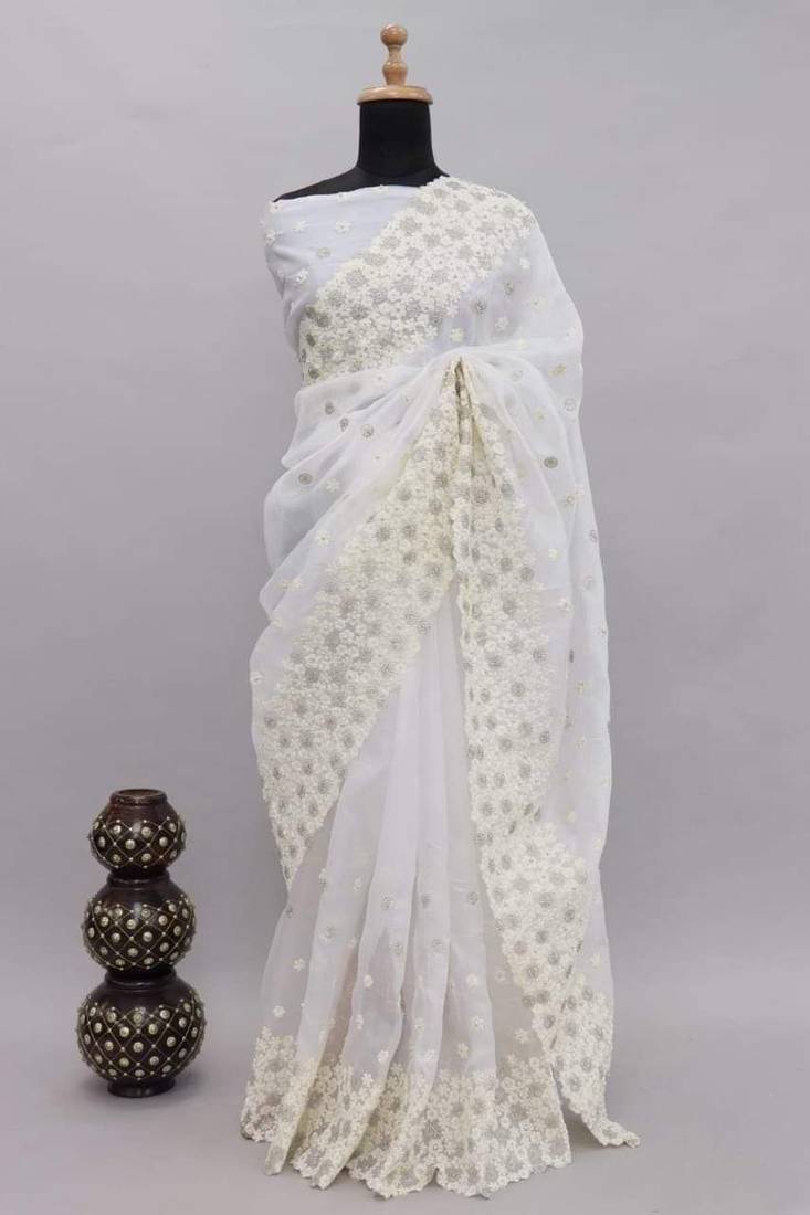 White Colour Khadi Organza Silk Blend Saree With Un-Stitched Blouse