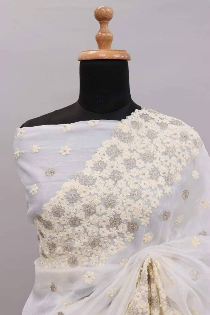 White Colour Khadi Organza Silk Blend Saree With Un-Stitched Blouse