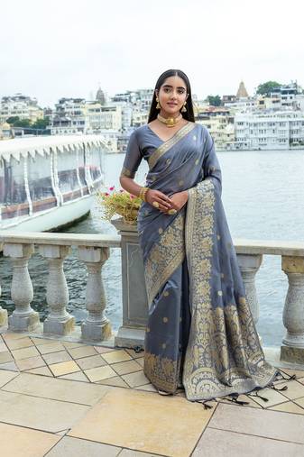 Grey Premium Soft Silk Zari Woven Saree Festive Wear