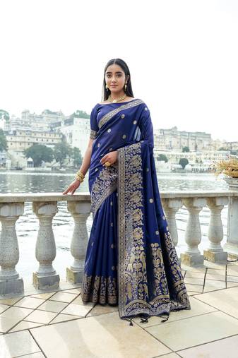 Navyblue Premium Soft Silk Zari Woven Saree Festive Wear