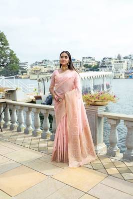 Peach Premium Soft Silk Zari Woven Saree Festive Wear 1