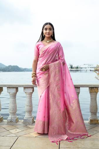 Pink Premium Soft Silk Zari Woven Saree Festive Wear
