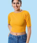 Mmore Trendy Stretchable Yellow Elbow Sleeve Length Non-Padded Blouse