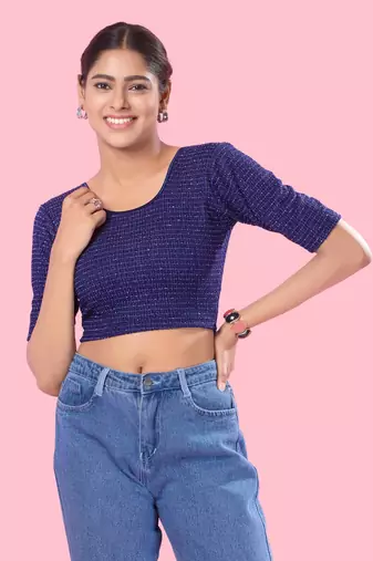Mmore Trendy Stretchable Navy Blue Round Neck Non-Padded Blouse