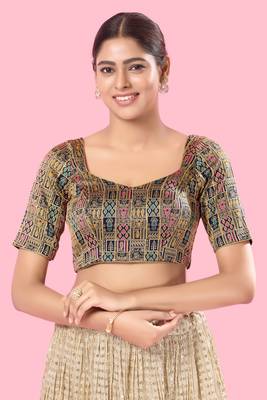 Mmore Navy Blue Brocade Padded Blouse - Elegant Women's Partywear Blouse 1