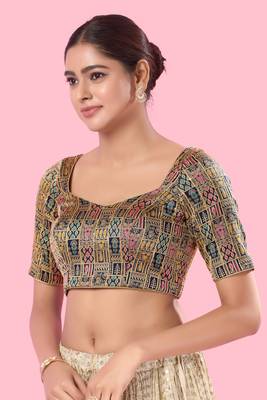Mmore Navy Blue Brocade Padded Blouse - Elegant Women's Partywear Blouse 2
