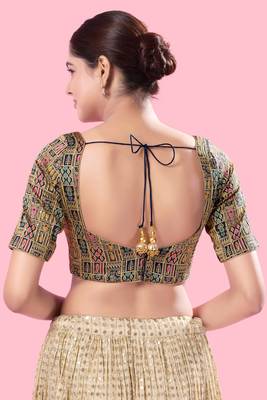 Mmore Navy Blue Brocade Padded Blouse - Elegant Women's Partywear Blouse 4