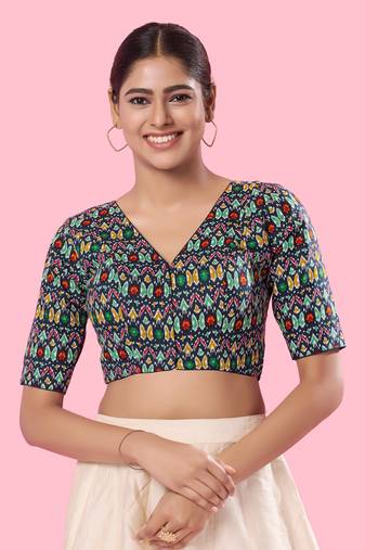 Mmore Navy Blue Cotton Printed Padded Blouse - Elegant Women's Partywear Blouse