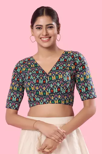 Mmore Navy Blue Cotton Printed Padded Blouse - Elegant Women's Partywear Blouse