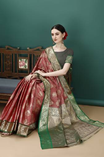 Maroon Woven Design Kanjeewaram Silk Zari Work Saree