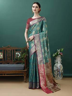 Turquoise Woven Design Kanjeewaram Silk Zari Work Saree 1