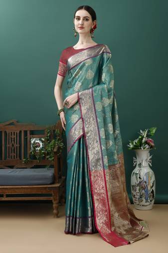 Turquoise Woven Design Kanjeewaram Silk Zari Work Saree
