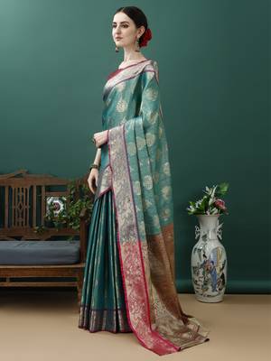 Turquoise Woven Design Kanjeewaram Silk Zari Work Saree 2