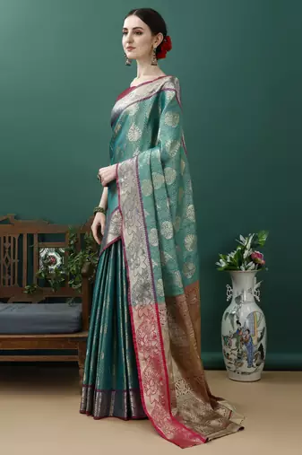Turquoise Woven Design Kanjeewaram Silk Zari Work Saree