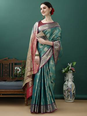 Turquoise Woven Design Kanjeewaram Silk Zari Work Saree 3