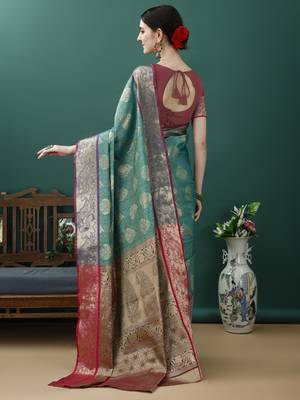 Turquoise Woven Design Kanjeewaram Silk Zari Work Saree 4