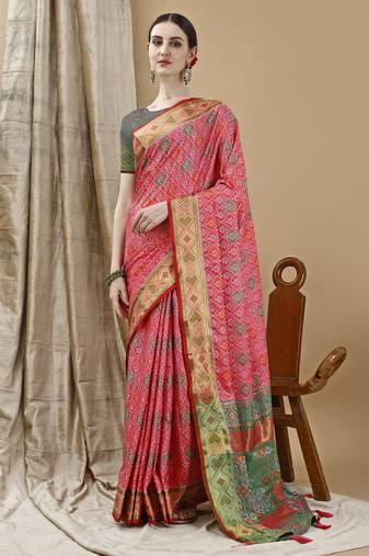 Peach Patola Woven Design Art Silk Zari Work Saree