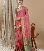 Peach Patola Woven Design Art Silk Zari Work Saree