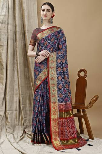 Navy Blue Patola Woven Design Art Silk Zari Work Saree