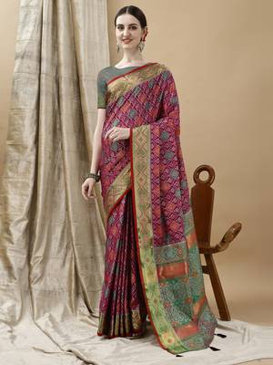 Wine Patola Woven Design Art Silk Zari Work Saree 1