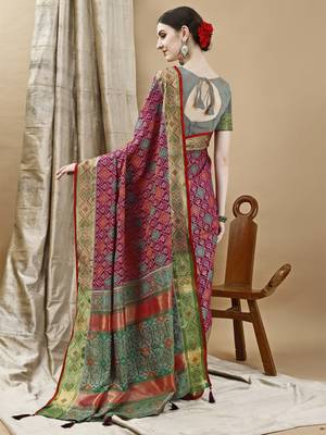 Wine Patola Woven Design Art Silk Zari Work Saree 4