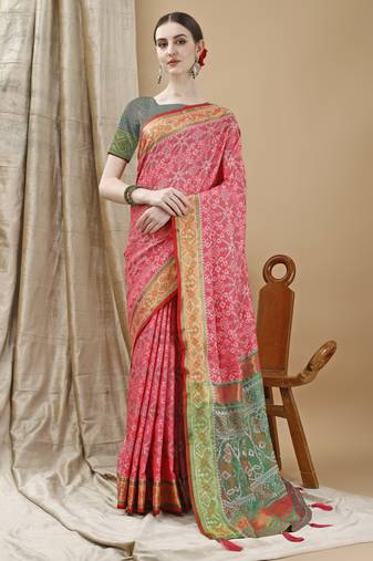 Peach Patola Woven Design Art Silk Zari Work Saree