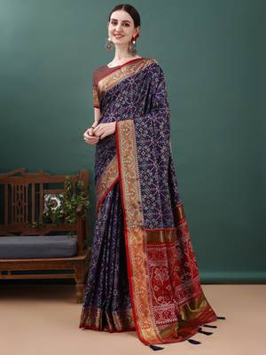 Navy Blue Patola Woven Design Art Silk Zari Work Saree 1