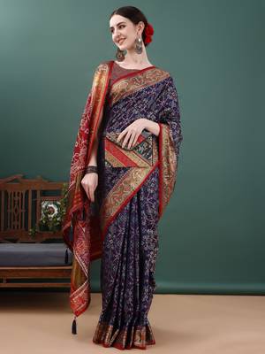 Navy Blue Patola Woven Design Art Silk Zari Work Saree 3