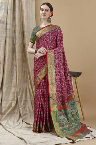 Wine Patola Woven Design Art Silk Zari Work Saree