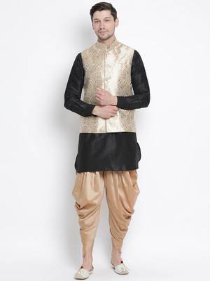 Black Silk Blend Jacket, Kurta And Dhoti Set 1