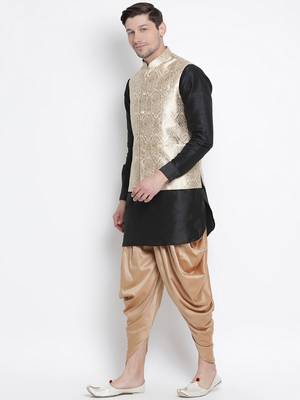 Black Silk Blend Jacket, Kurta And Dhoti Set 2
