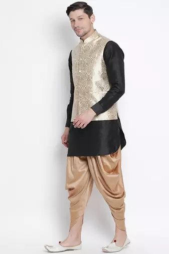 Black Silk Blend Jacket, Kurta And Dhoti Set