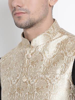 Black Silk Blend Jacket, Kurta And Dhoti Set 3
