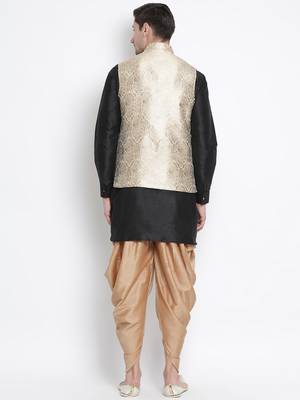 Black Silk Blend Jacket, Kurta And Dhoti Set 4