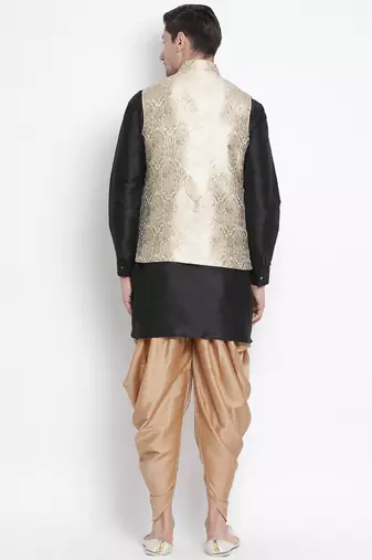 Black Silk Blend Jacket, Kurta And Dhoti Set