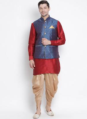 Maroon Silk Blend Jacket, Kurta And Dhoti Set 1