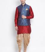 Men'S Maroon Silk Blend Jacket, Kurta And Dhoti Set