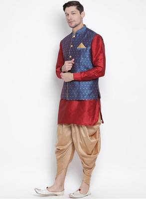 Maroon Silk Blend Jacket, Kurta And Dhoti Set 2