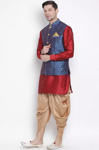 Maroon Silk Blend Jacket, Kurta And Dhoti Set