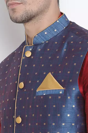 Maroon Silk Blend Jacket, Kurta And Dhoti Set